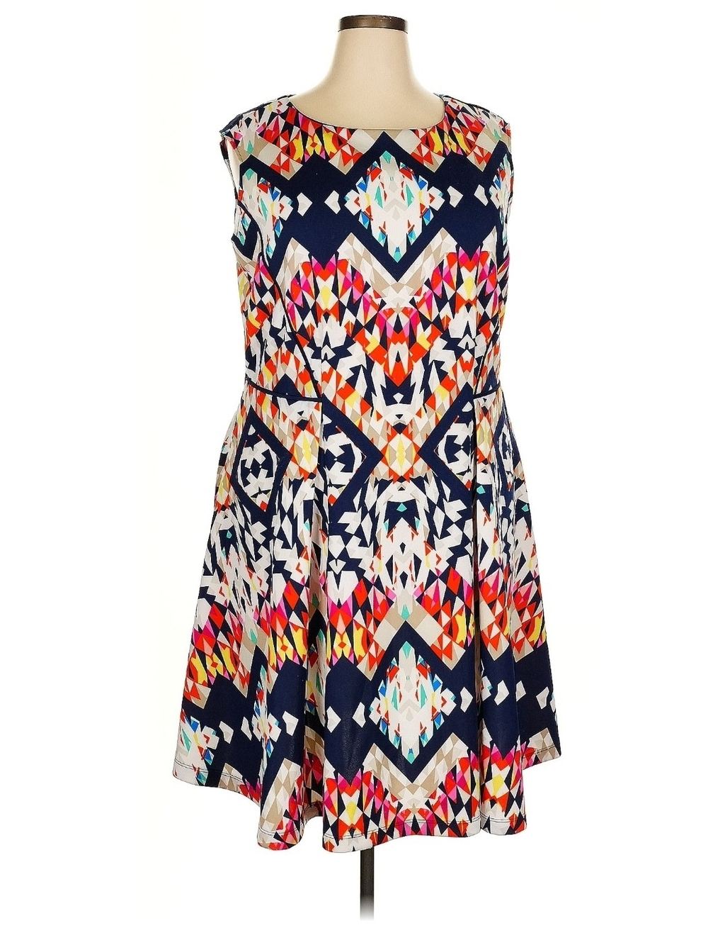 Sleeveless Navy Geometric Print Fit-and-Flare Dress